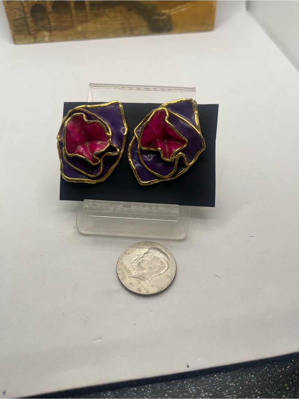 Gold-Trim Purple and Fuchsia Floral Earrings